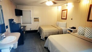 A hotel room with two beds, a ceiling fan, a TV, a sink, and a mirror.