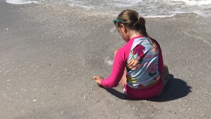 A person sitting on a sandy beach with the ocean in the background. - Angler's Inn (Matlacha)