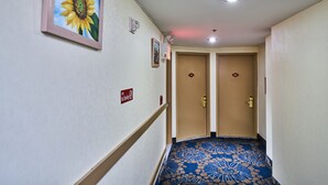 A hotel hallway with a blue patterned carpet, two doors, a painting of a sunflower, and a 'No Smoking' sign. - Flushing Hotel (Flushing)