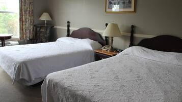 Habitación de hotel con dos camas individuales, una mesita de noche con lámpara, una silla y un cuadro en la pared.
