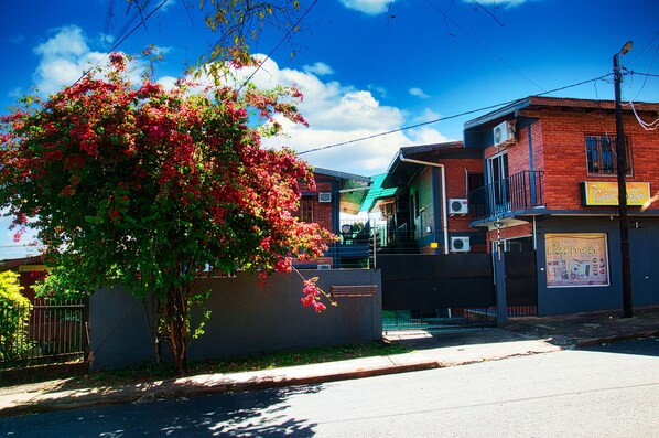 Vista de una calle con un árbol de flores rojas, un edificio de ladrillo y un letrero que dice "Lo de Carmen".