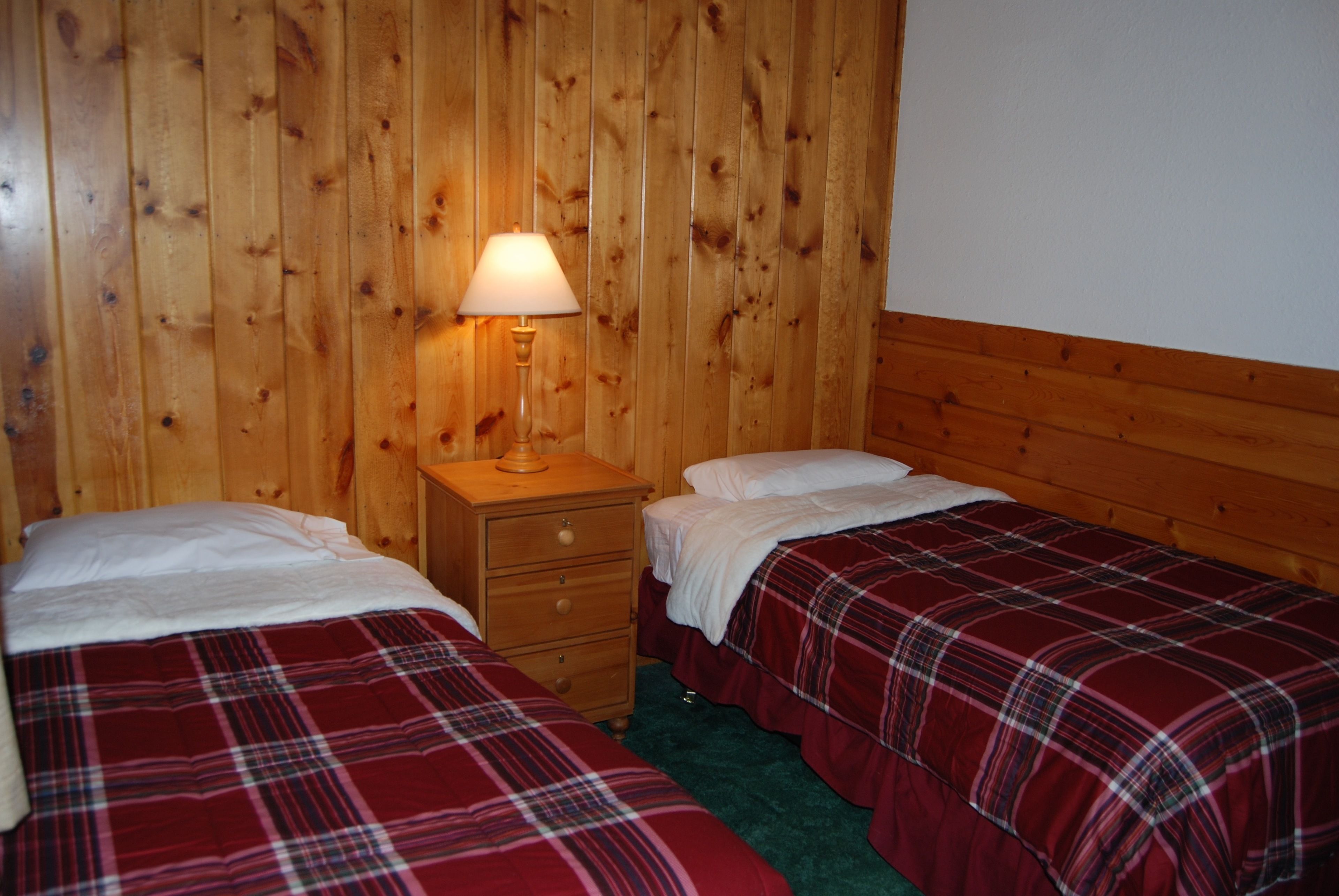 A room with two beds, wooden walls, a nightstand with a lamp, and a green carpet.