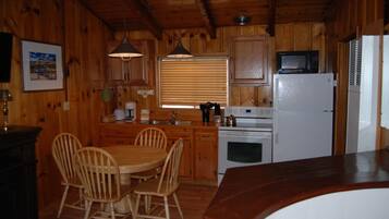 A wooden cabin-style kitchen with a wooden dining table and chairs, a refrigerator, a microwave, and a sink.