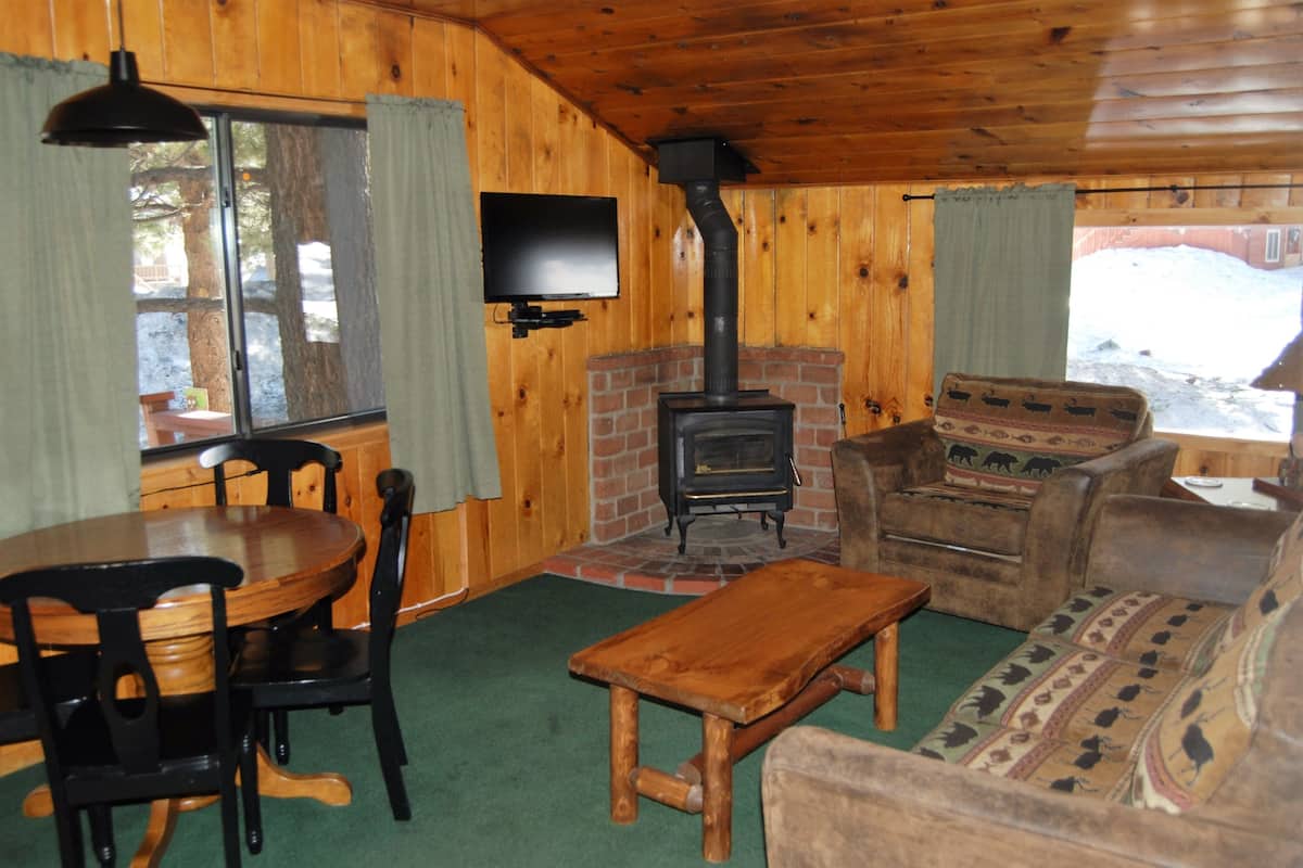 Interior acolhedor de cabana com decoração em madeira, lareira, televisão na parede e sofá com almofadas estampadas.