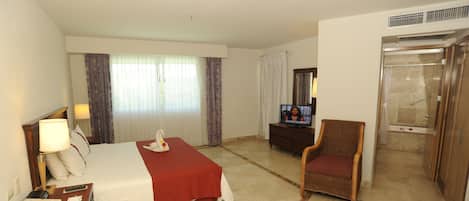 Habitación de hotel con cama, televisor, una silla, escritorio y teléfono, y zona de ducha.