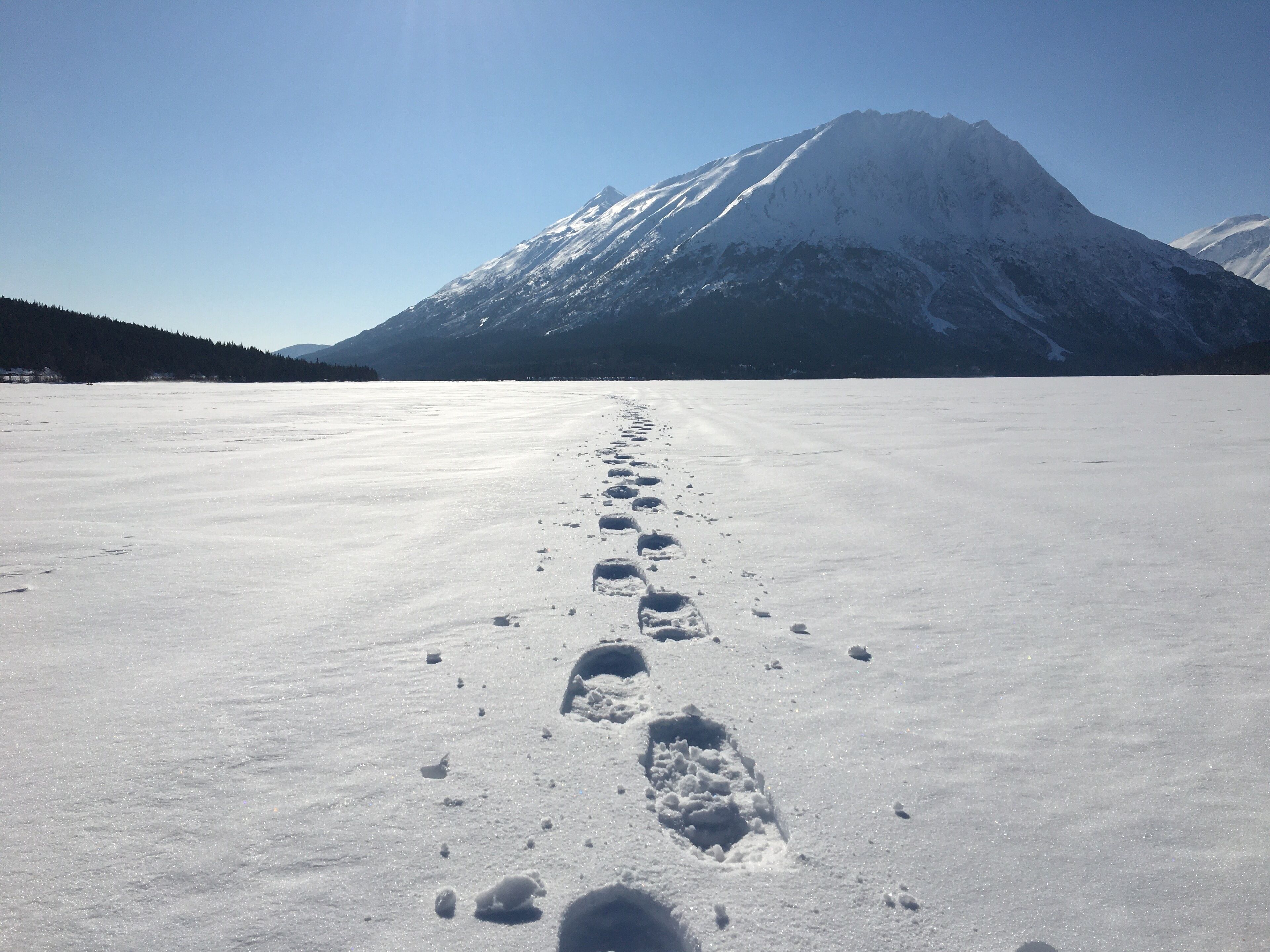 Paisaje nevado con una montaña al fondo y un cielo despejado.