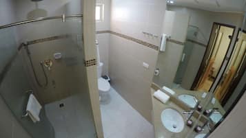 Un baño con ducha acristalada, inodoro y zona de lavamanos con espejos.