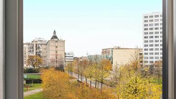 Une vue par la fenêtre, donnant sur un paysage urbain avec des bâtiments, des arbres et un ciel dégagé.