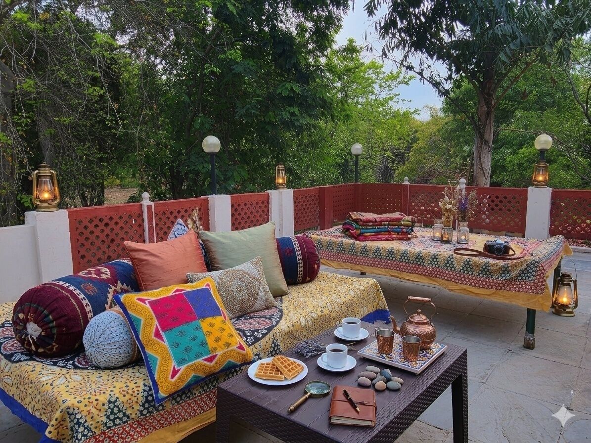 An outdoor seating area with patterned cushions, a table with tea set, and lanterns.