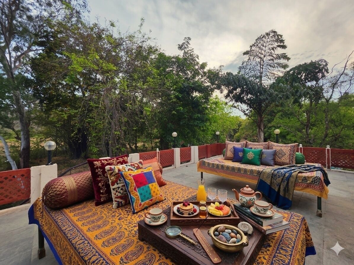 A terrace with two beds, a dining table with breakfast, and a view of trees.