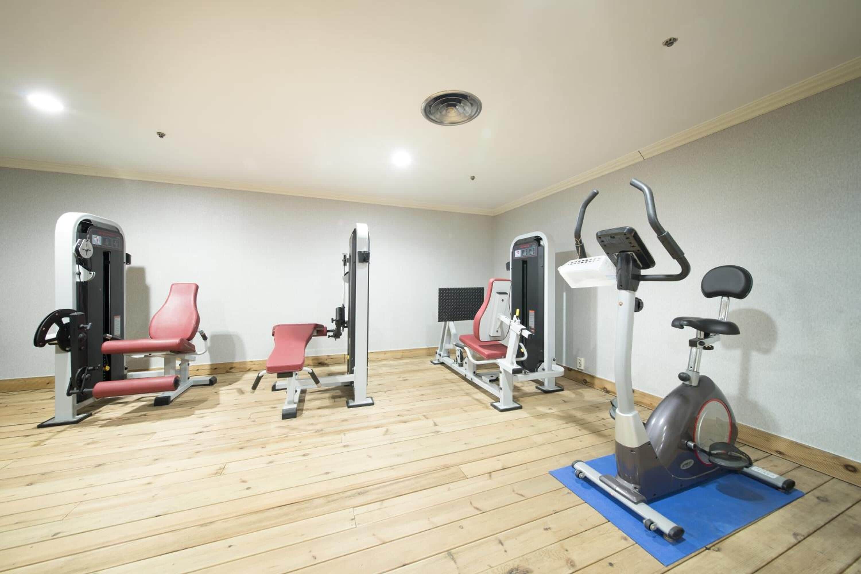 A gym with various exercise equipment, including a bench press, a leg press, a chest press, and an elliptical machine.