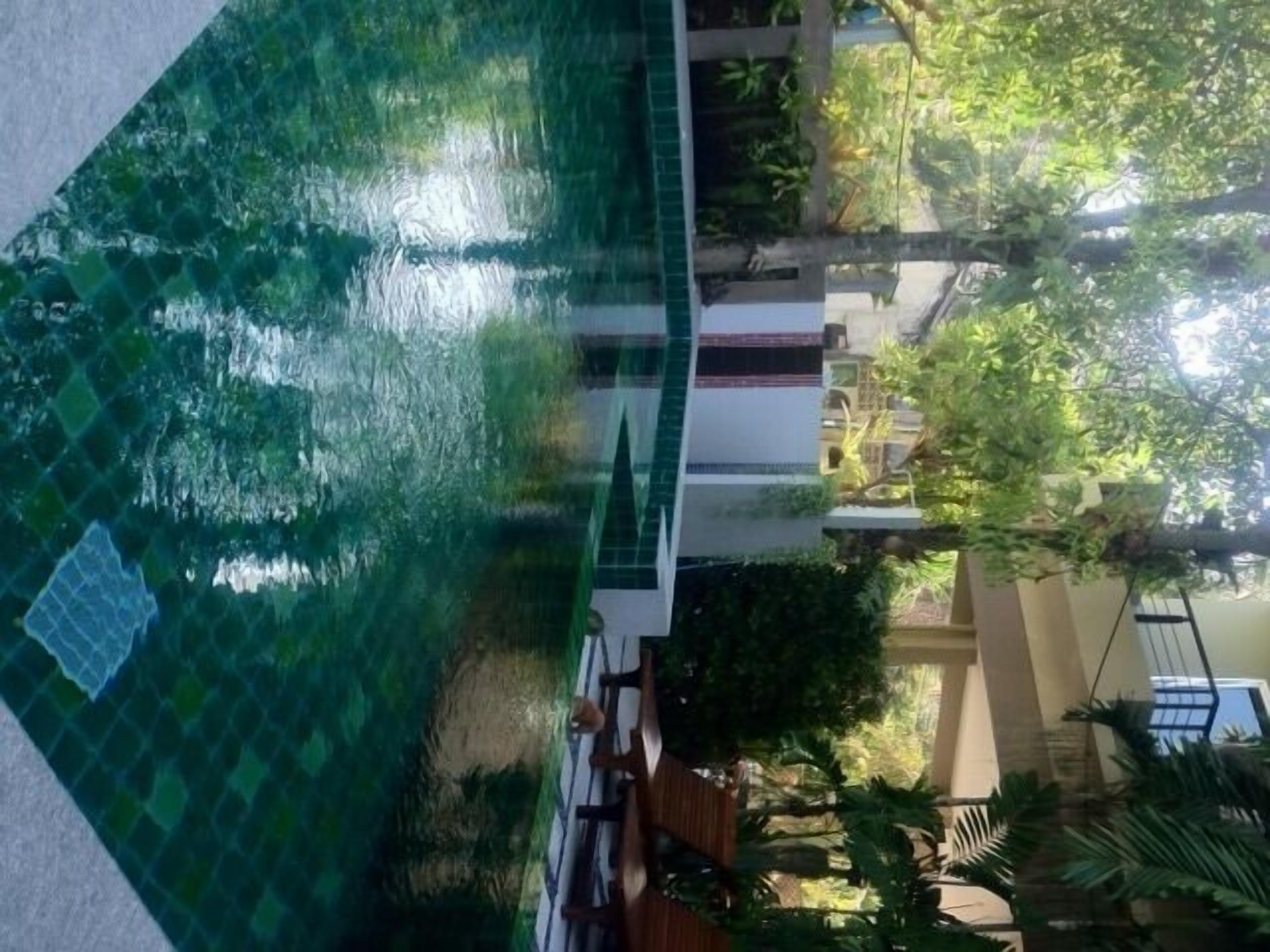 Un área de piscina con suelo de baldosas, rodeada de follaje y un edificio con múltiples ventanas.
