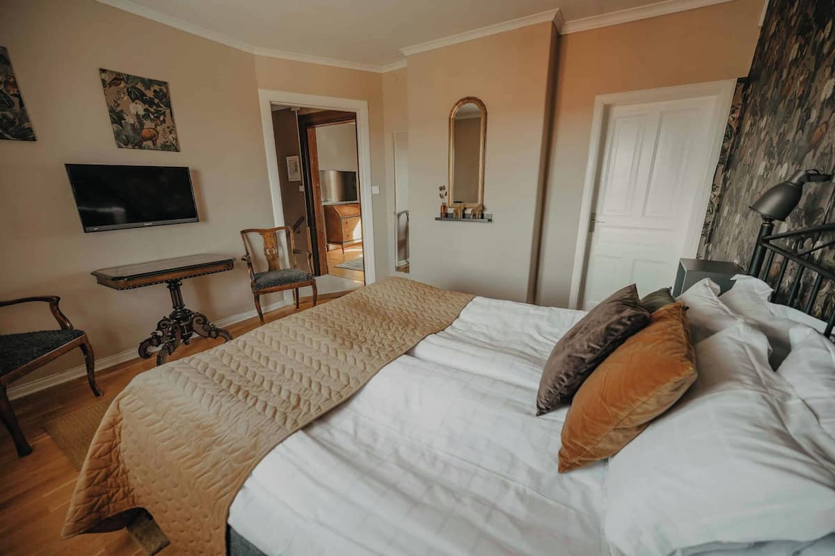 Un dormitorio con una cama, televisión, escritorio y una silla.