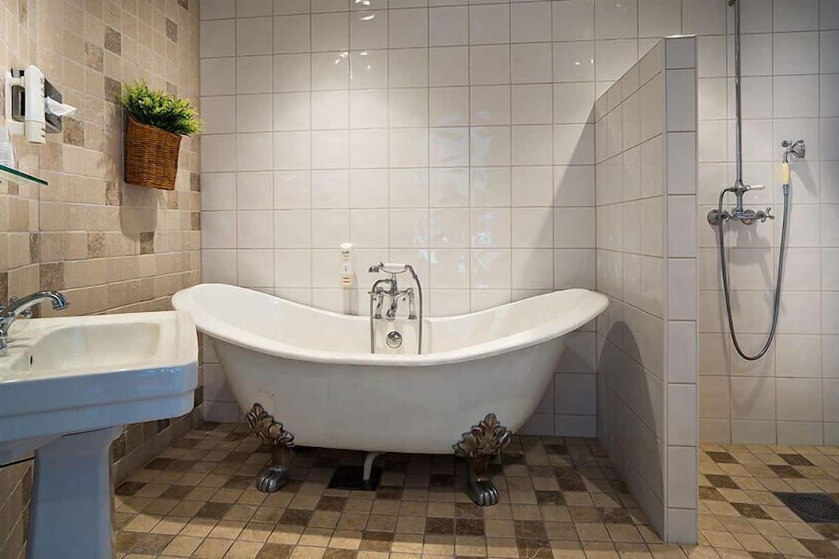 bathroom | shower, hair dryer, towels, soap