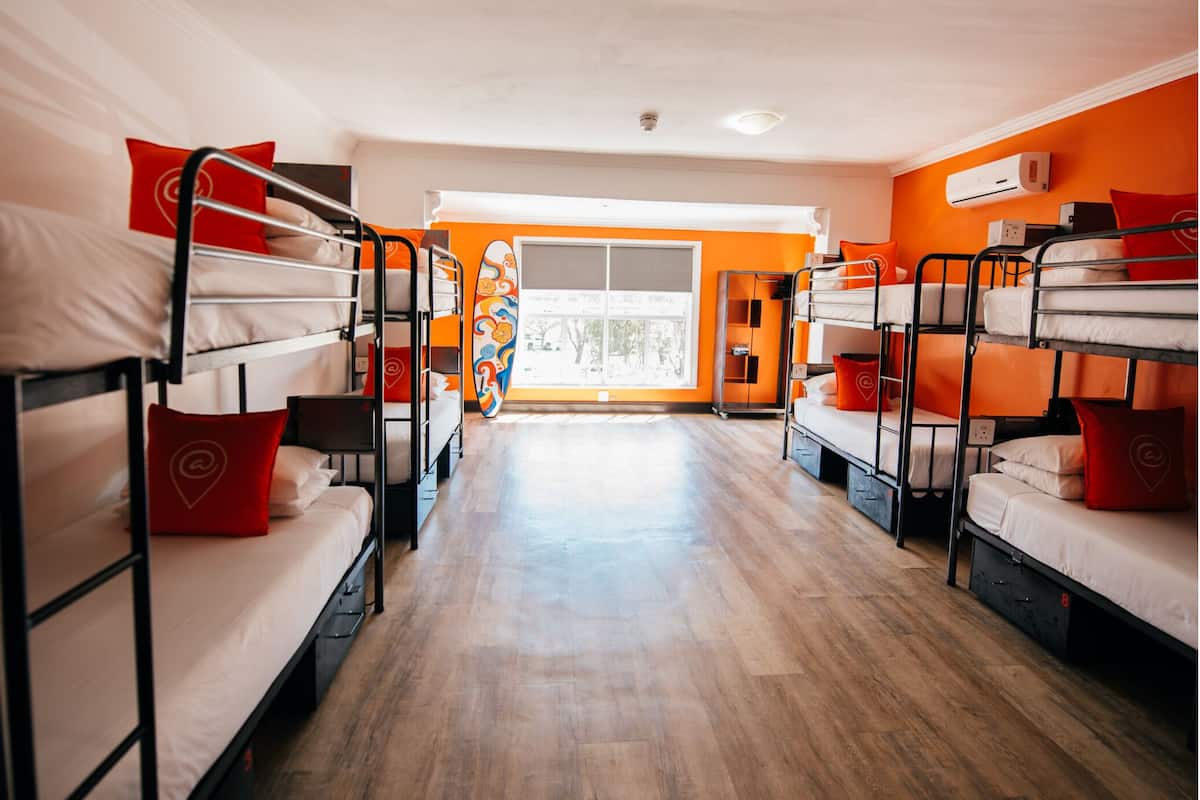 A dormitory room with bunk beds, a window, and an orange wall.