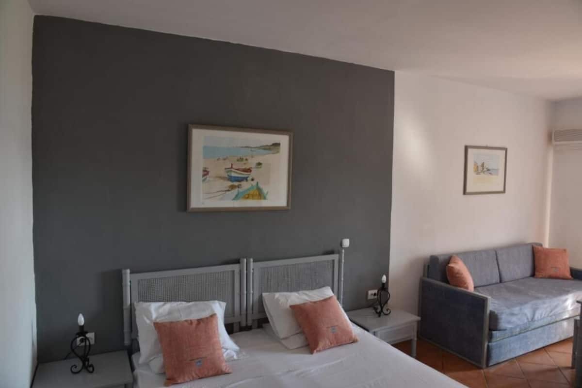 Une chambre à coucher avec un lit, deux tables de chevet, un canapé gris et deux tableaux accrochés au mur.