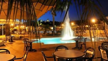 Seasonal outdoor pool, pool umbrellas, pool loungers