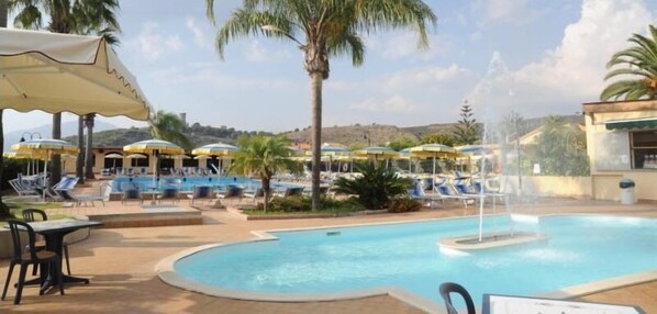 Seasonal outdoor pool, pool umbrellas, pool loungers