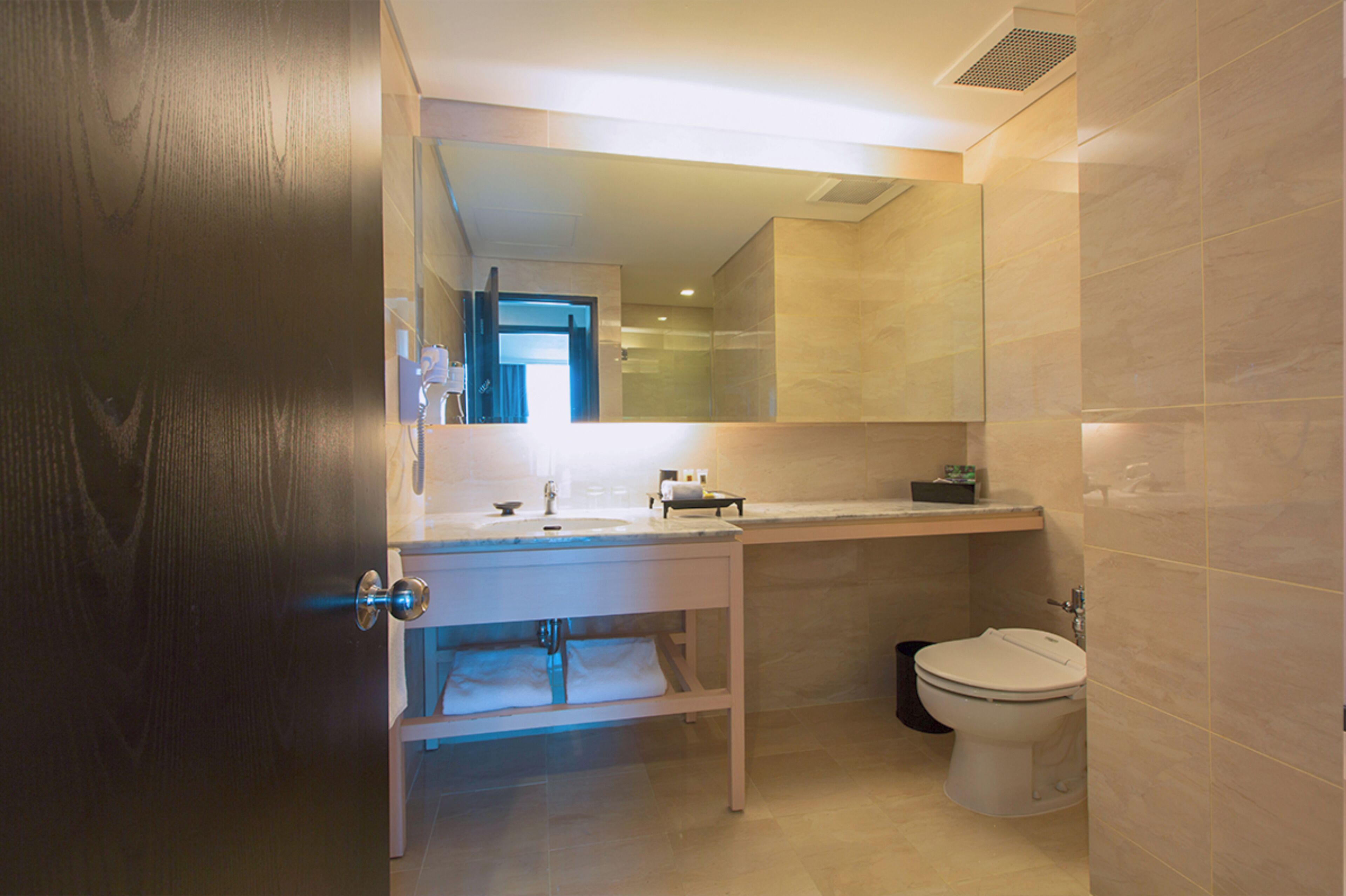 Un baño moderno con puerta de madera, un lavabo, un espejo y un inodoro.