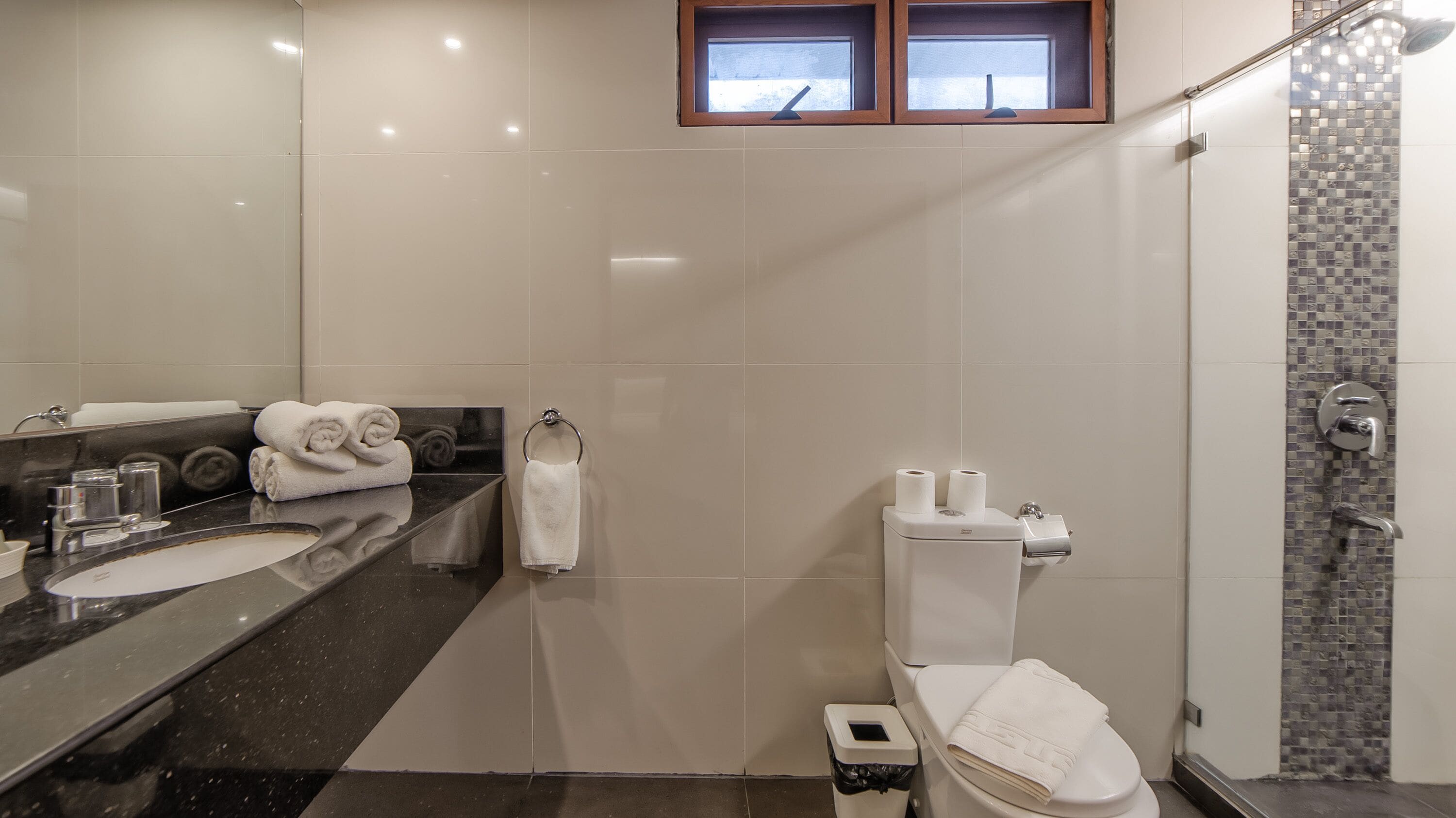 shower, free toiletries, hair dryer, towels