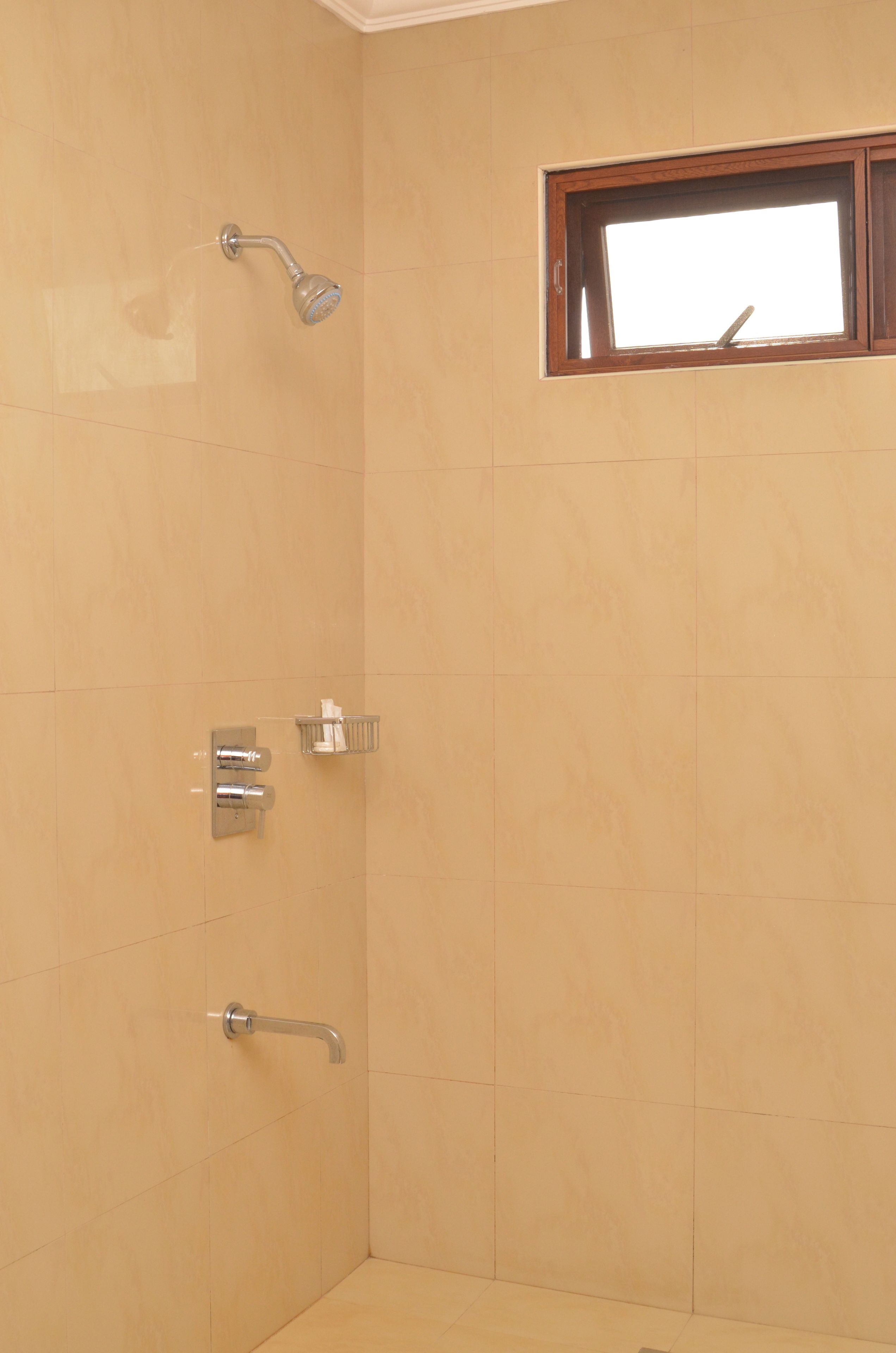 A shower with a handheld showerhead, a wall-mounted faucet, and a small window.