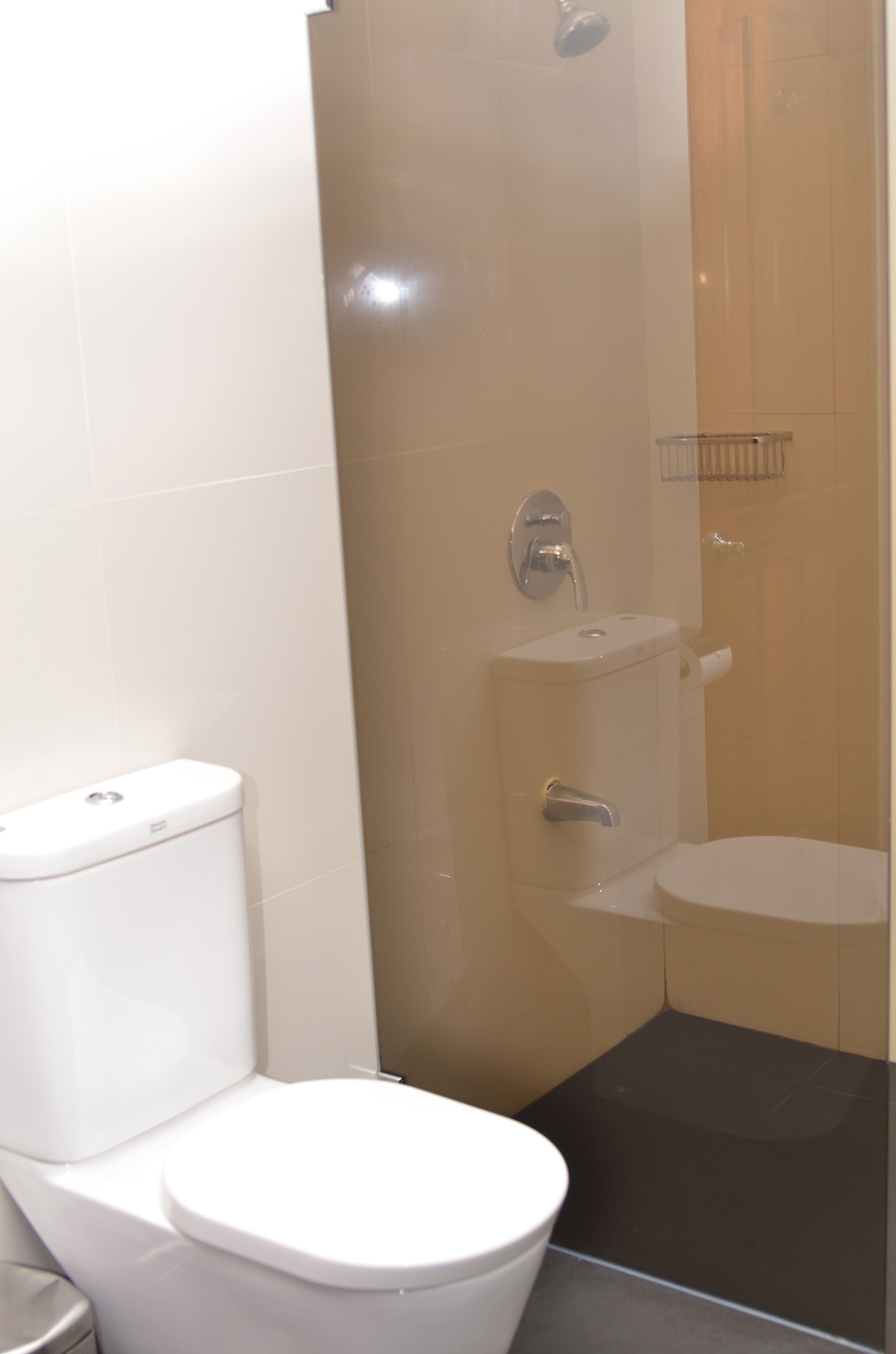 Une salle de bain avec des toilettes, un lavabo et une douche.
