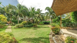 A lush garden with palm trees, a stone pathway, and a wooden pergola.
