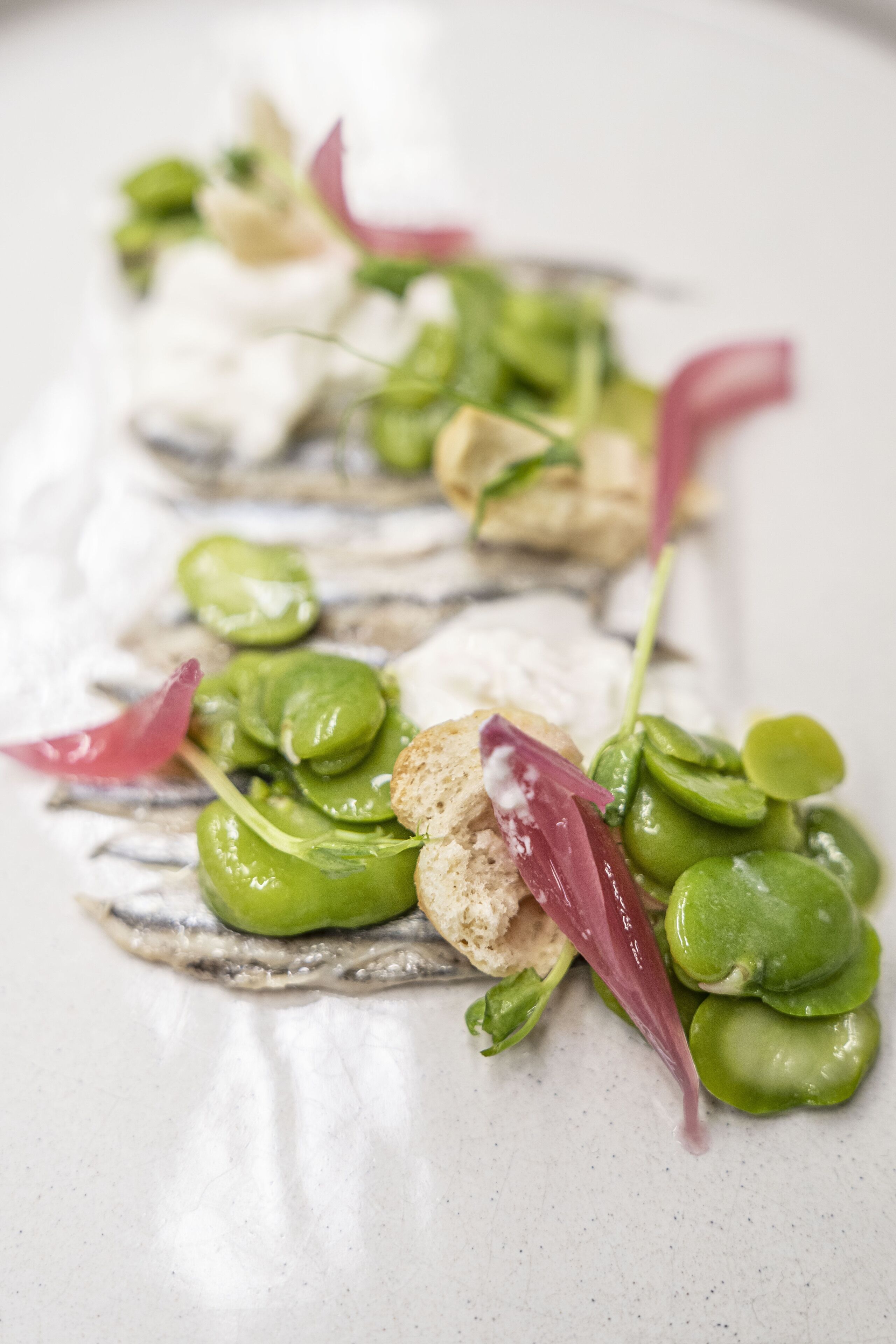 A dish with green vegetables and fish on a white plate.
