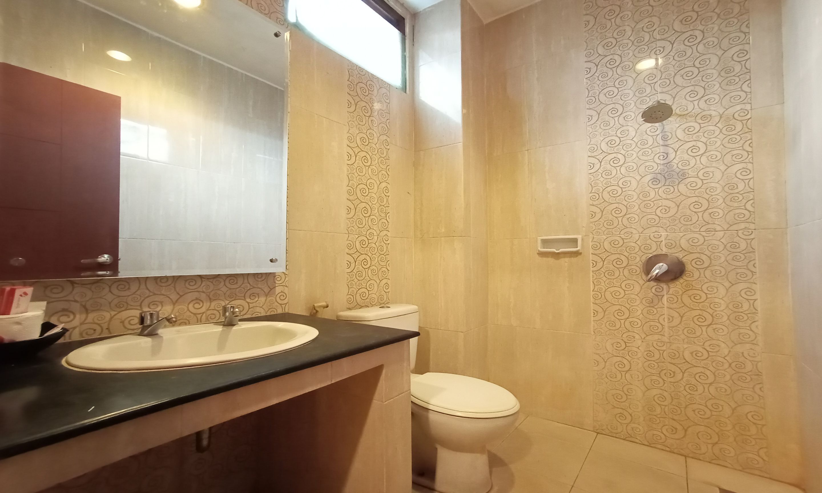A bathroom with a sink, toilet, and a mirror.