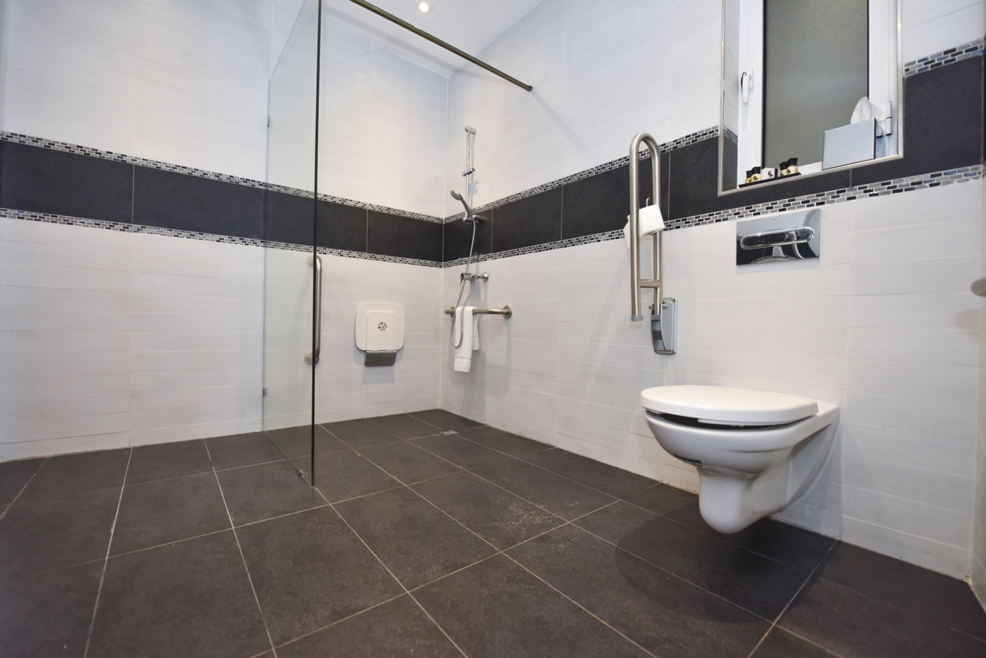 A modern bathroom with a glass shower enclosure, a toilet, and a sink.