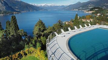 Seasonal outdoor pool, pool umbrellas, pool loungers