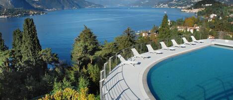 Seasonal outdoor pool, pool umbrellas, pool loungers