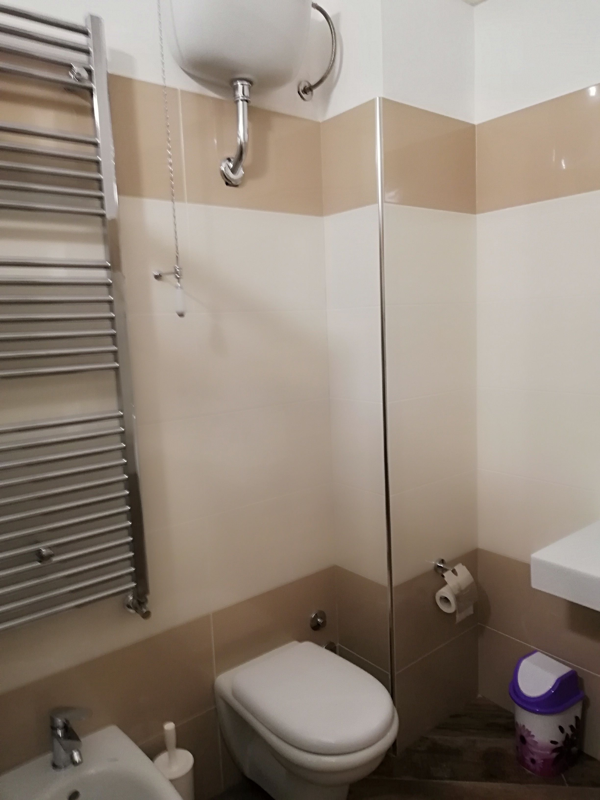 Un baño con inodoro, lavamanos y zona de ducha.