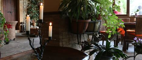 A cozy interior with a stone fireplace, candles, and potted plants.