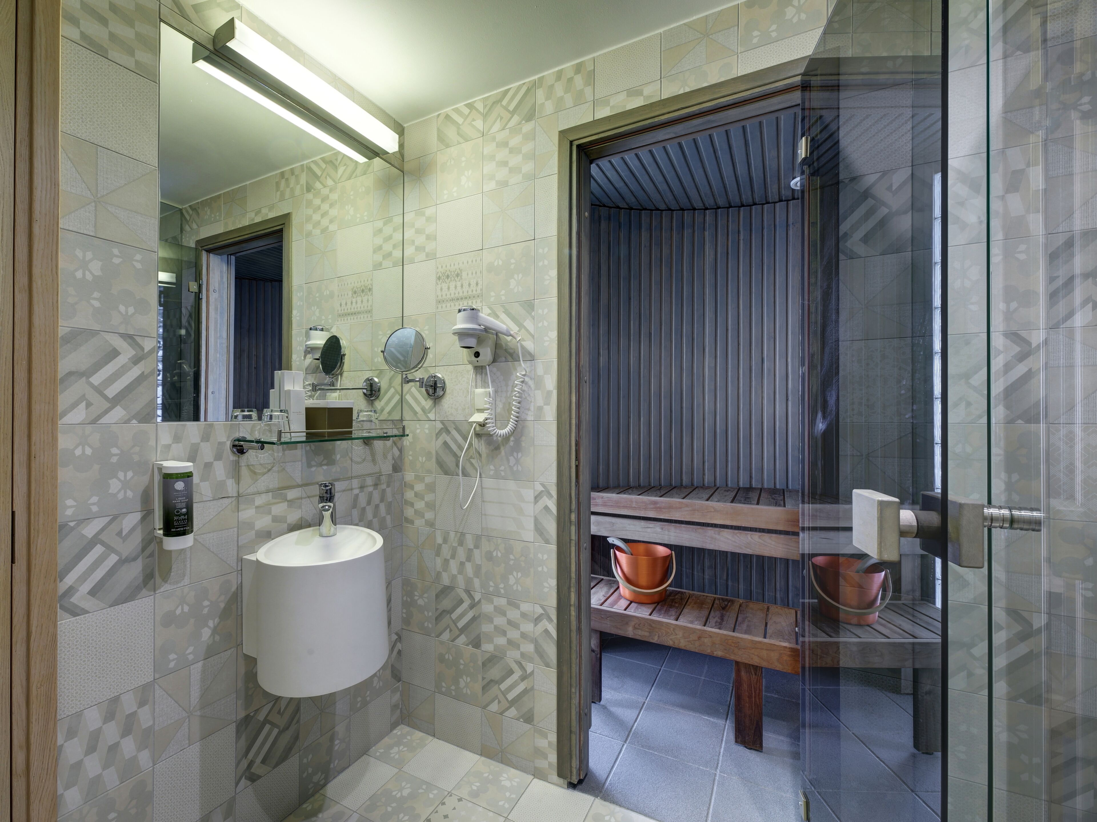 suite | bathroom | shower, hair dryer, bathrobes, heated floors
