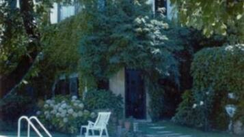 A swimming pool with a white chair and a ladder, surrounded by lush greenery and trees.