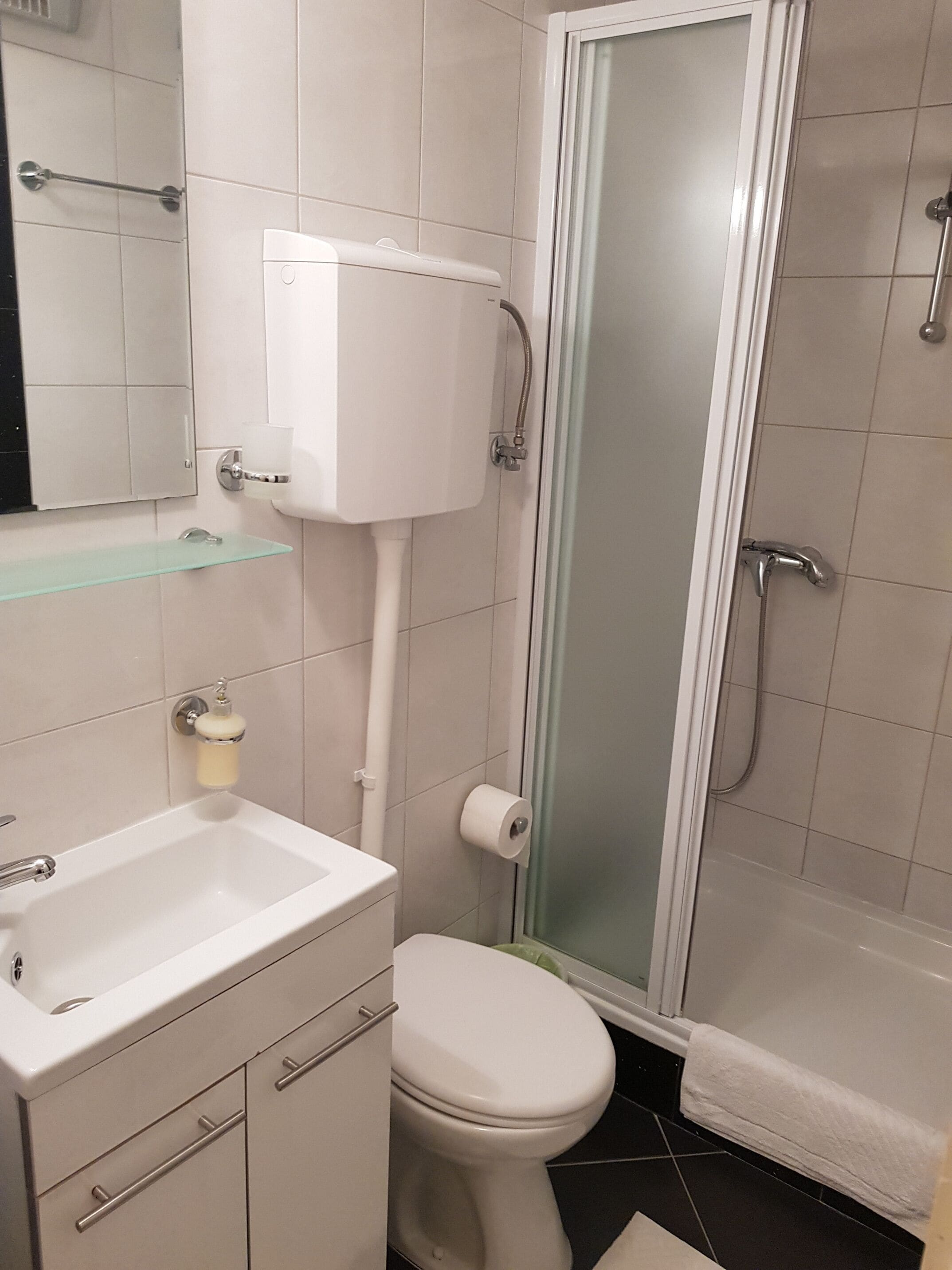 A bathroom with a toilet, sink, glass shower enclosure, and a toilet paper holder.