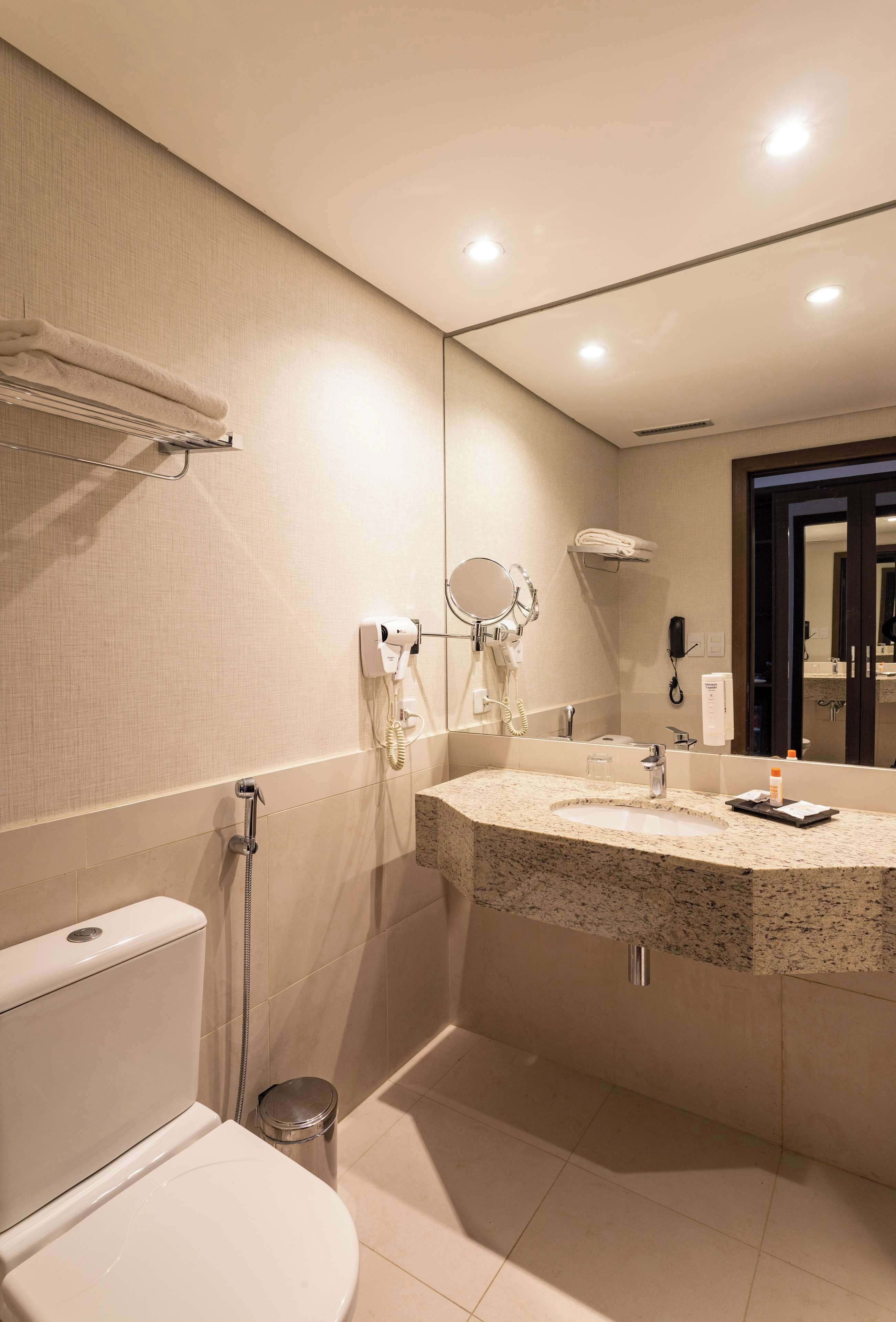 A modern bathroom with a toilet, sink, and mirror.