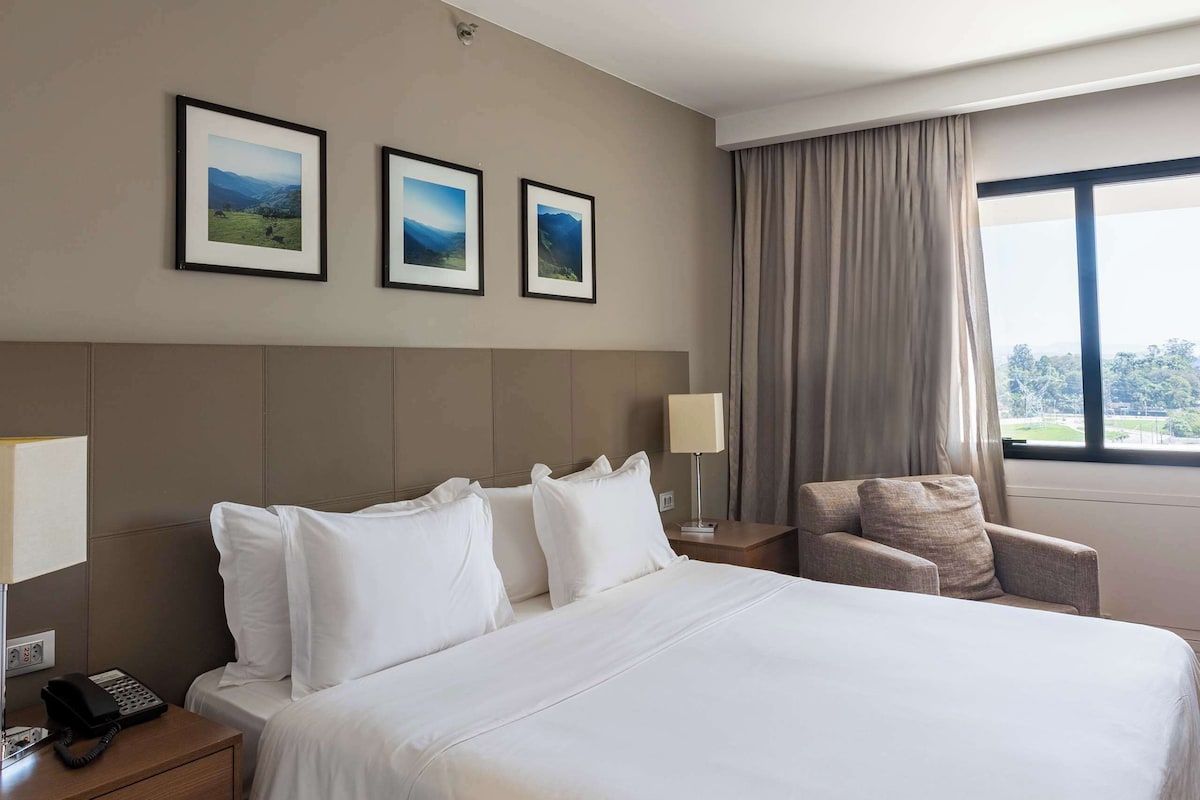 A hotel room with a large bed, a bedside table with a lamp, a chair, and three framed pictures on the wall.