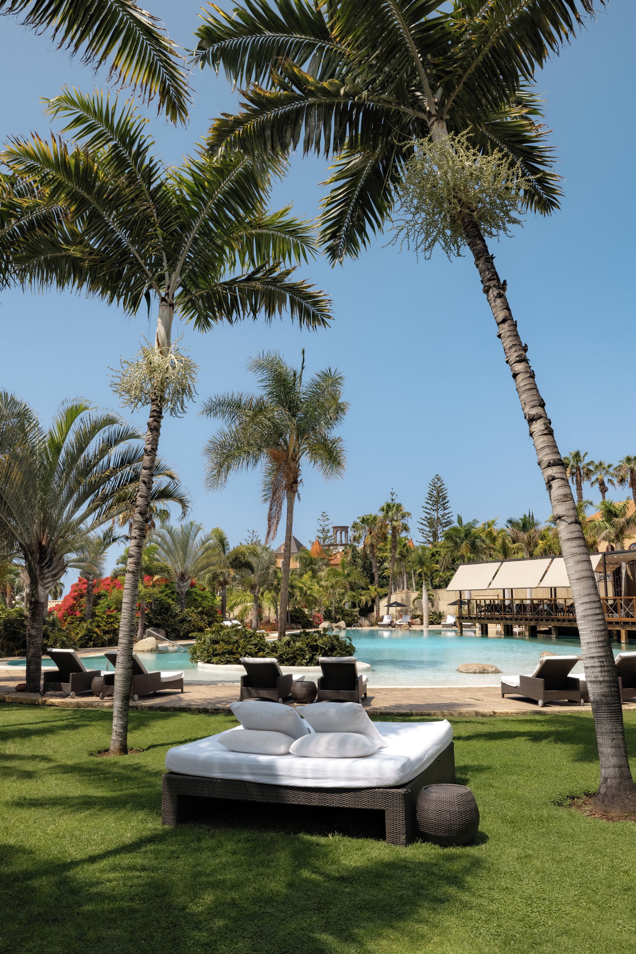 A poolside area with lounge chairs, a grassy lawn, and palm trees.