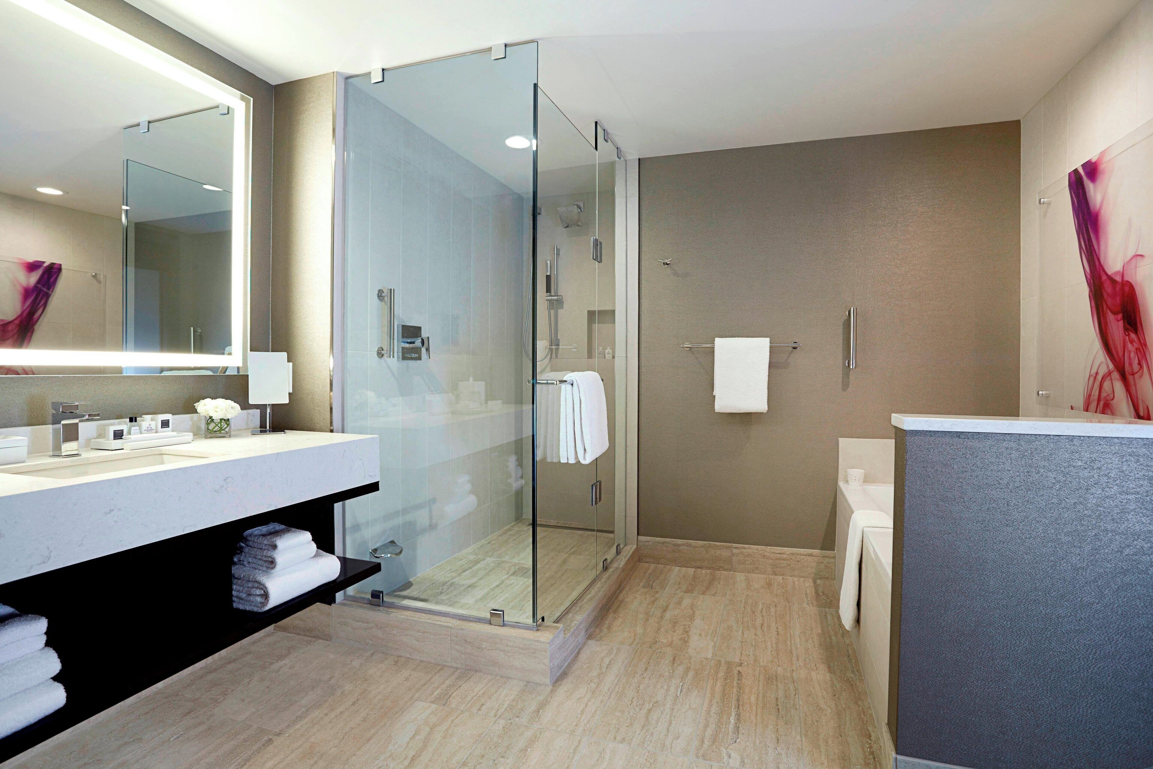 separate bathtub and shower, deep-soaking bathtub, free toiletries