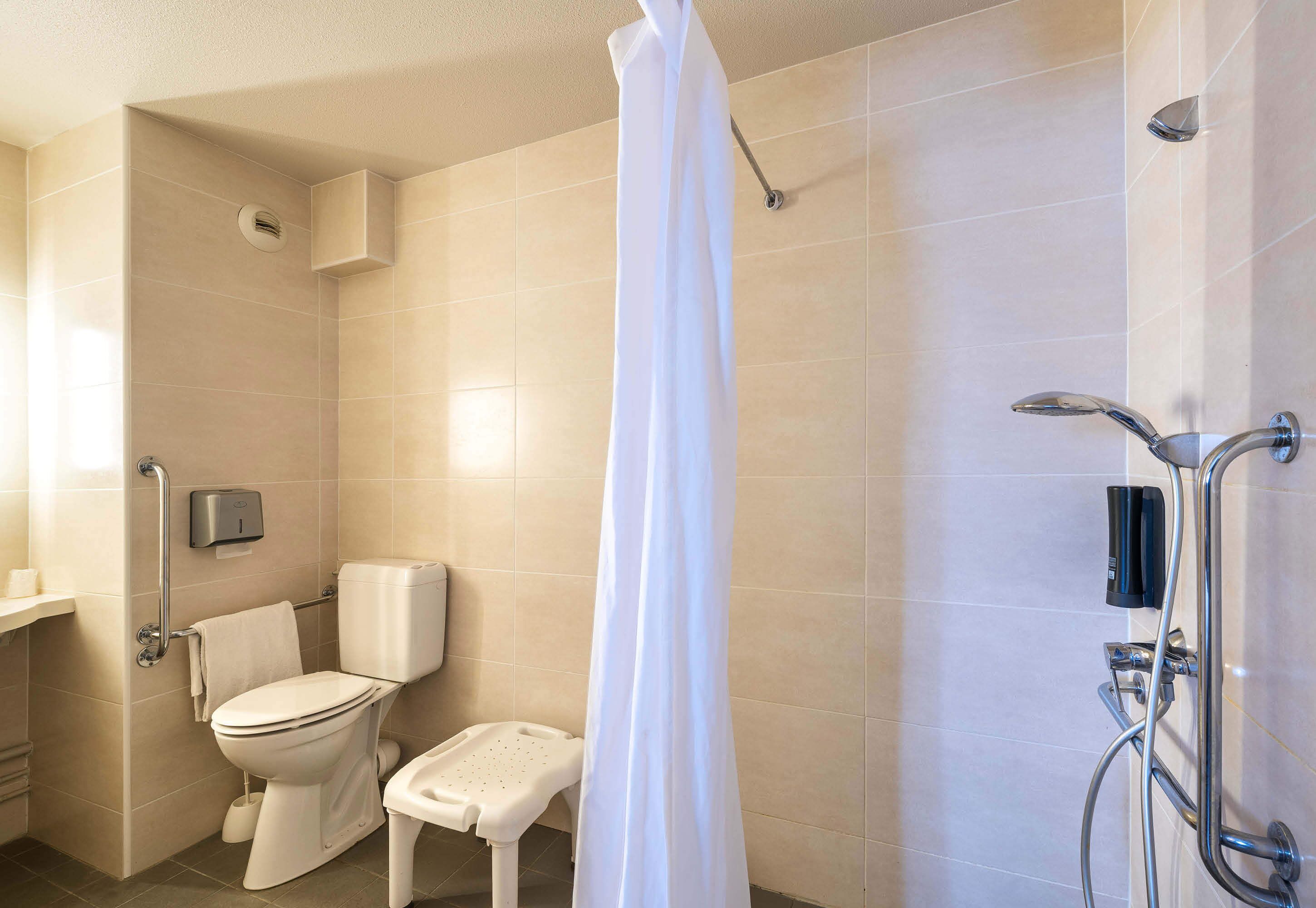 A bathroom with a toilet, a shower, and a handrail.