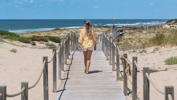Una pasarela de madera que lleva a una playa, con vista despejada al océano.
