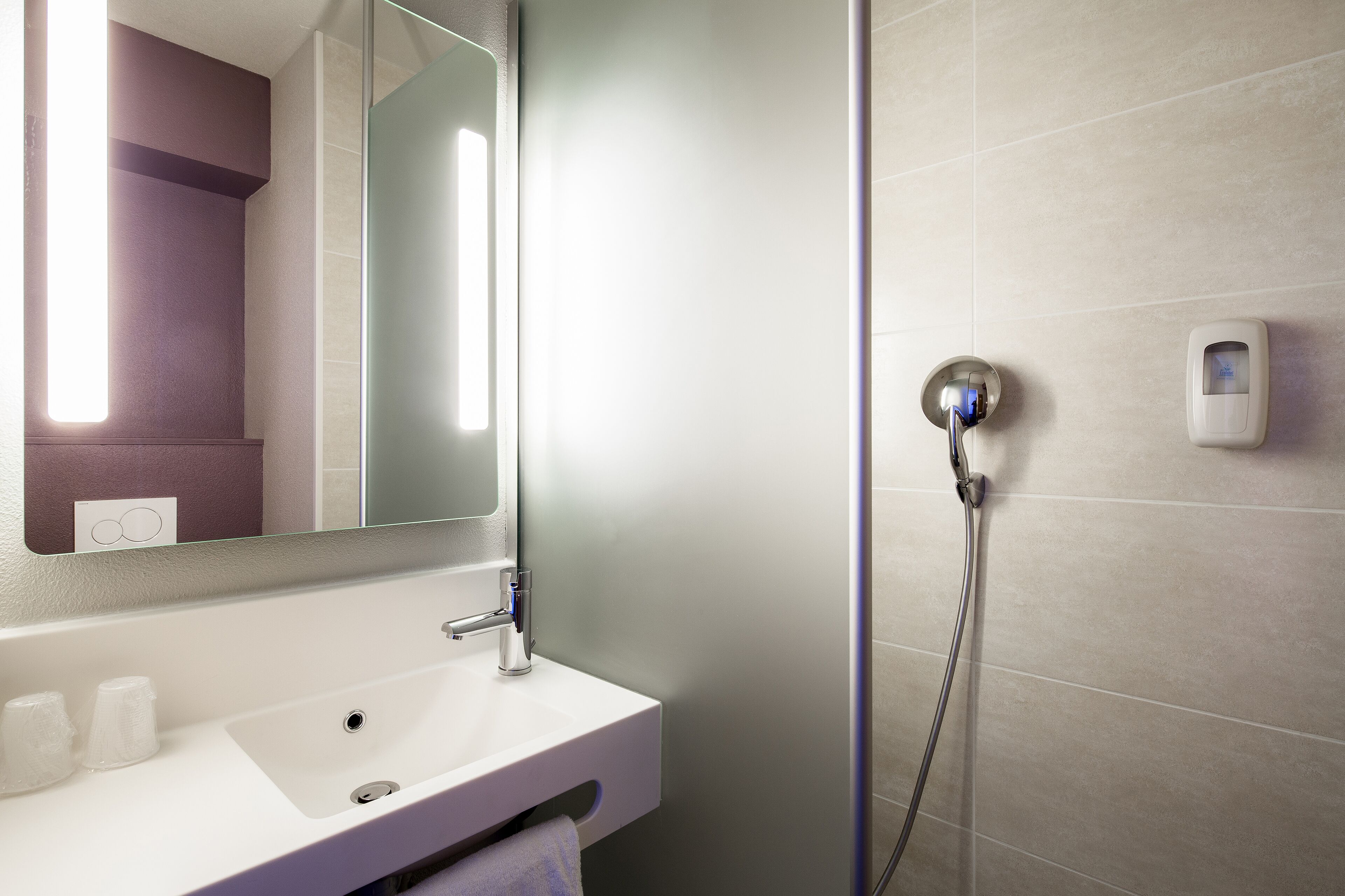 Tweepersoonskamer, toegankelijk voor mindervaliden | Badkamer | Een douche, handdoeken