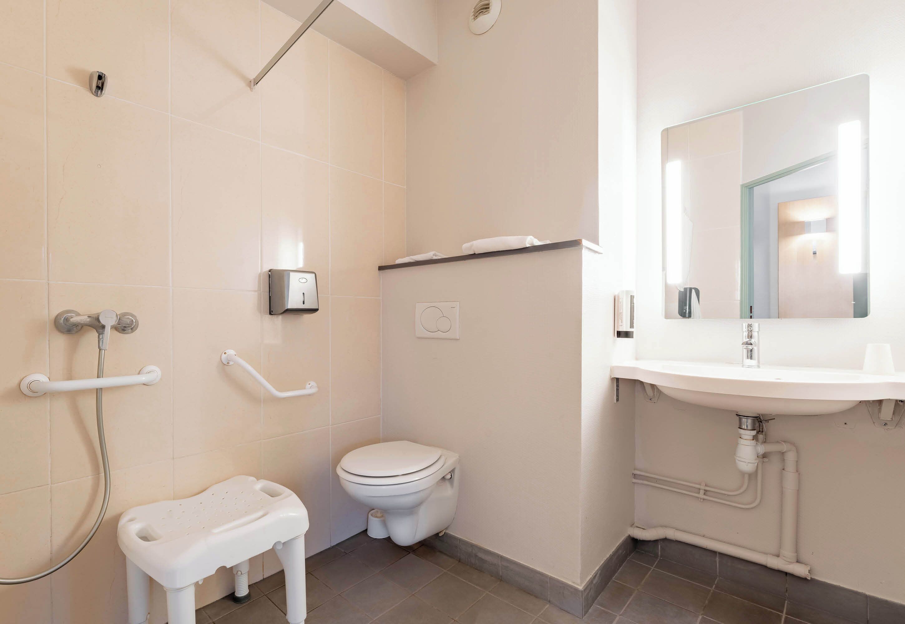 A bathroom with a toilet, a sink, a mirror, and a shower with grab bars.