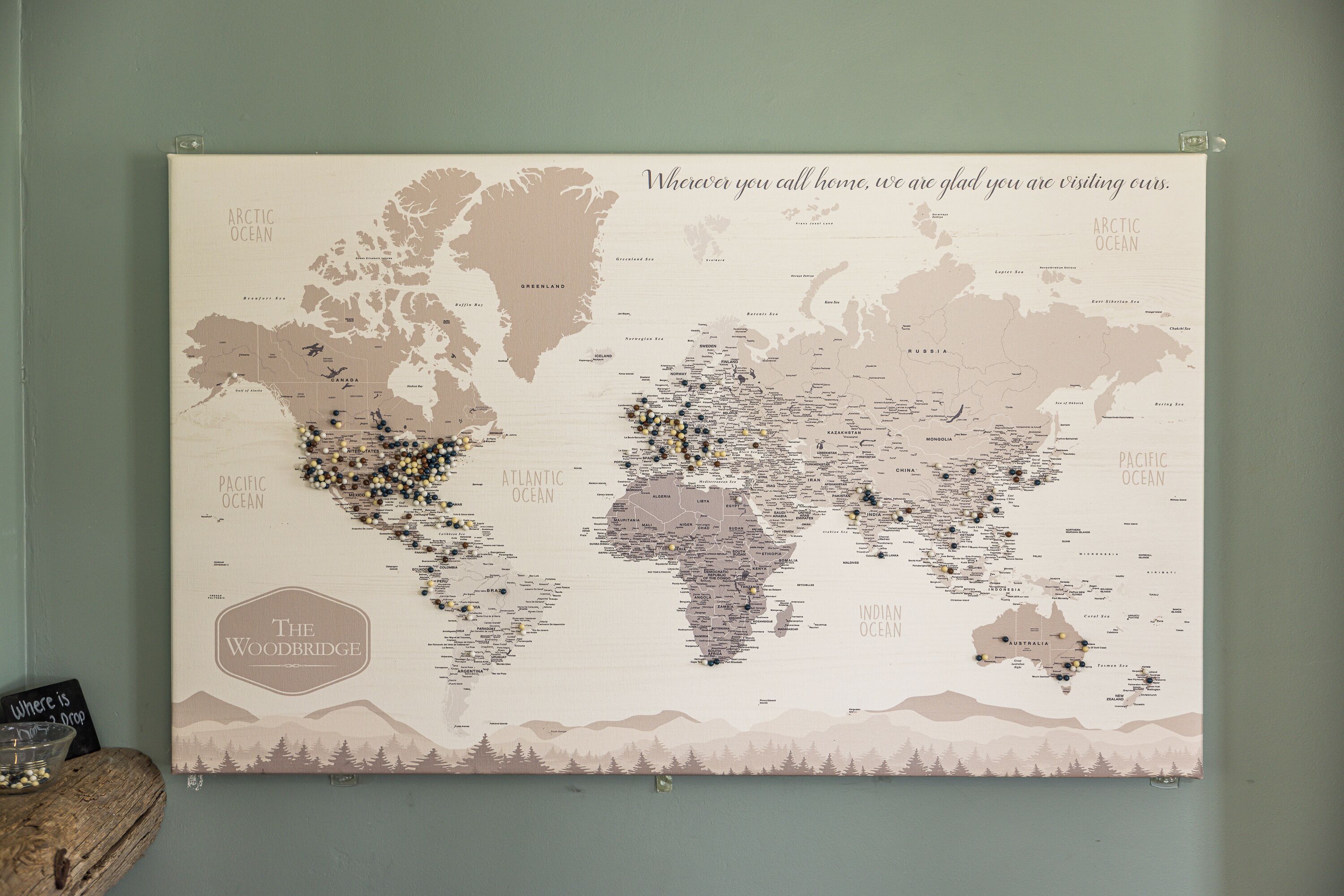 A world map with pins indicating locations.