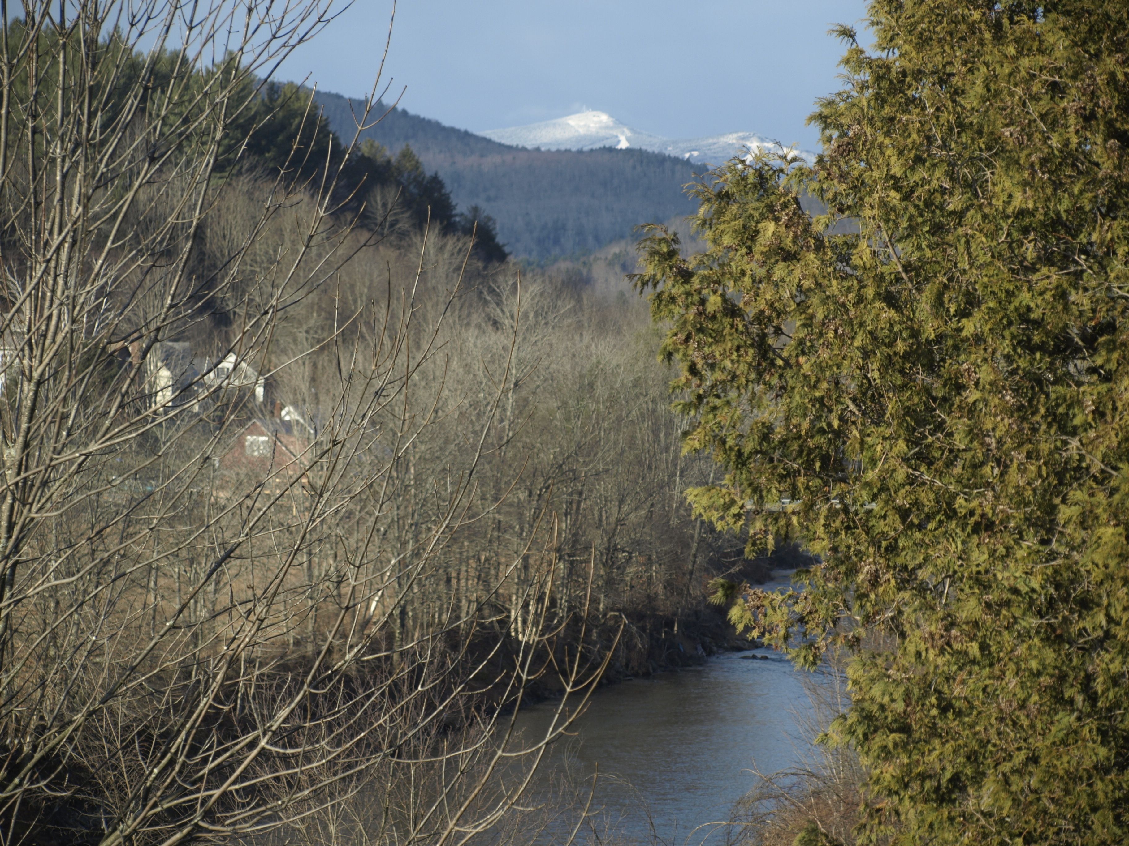 Une rivière traversée par un pont, bordée d’arbres, avec une montagne enneigée en arrière-plan.