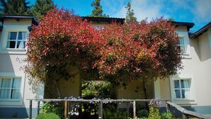 A building with a covered porch and a garden area with various plants and flowers. - Residencia Pioneros (San Carlos de Bariloche)