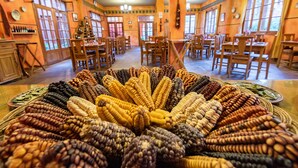 A restaurant with a central display of corn cobs arranged in a circular pattern. - Hotel Pakaritampu (Ollantaytambo)