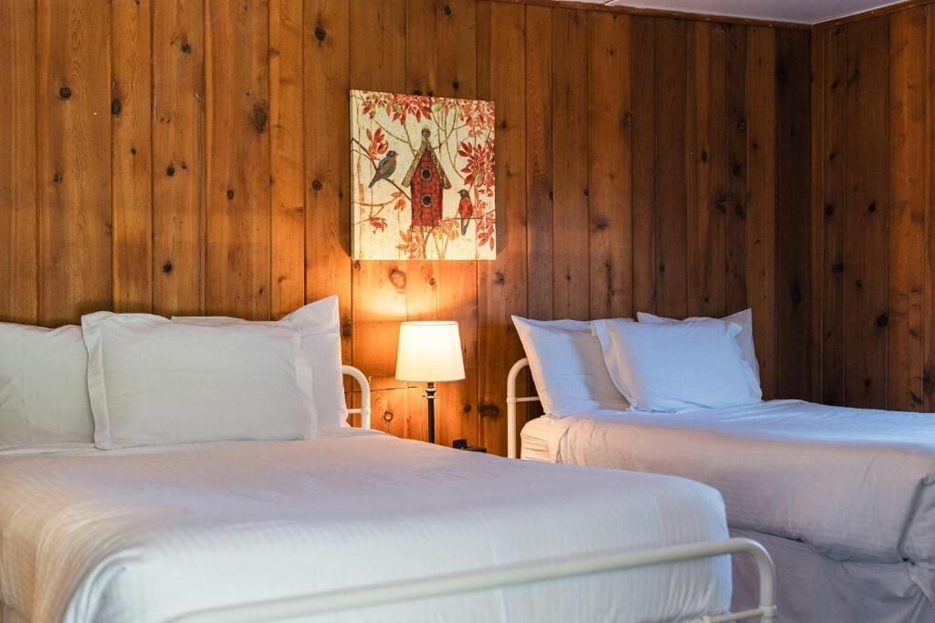 A room with two beds, a wooden wall, and a painting of birds and a house.